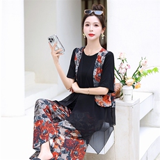 大码显瘦阔腿裤套装女夏2025新款爆款洋气遮肉减龄雪纺马甲三件套，女装套装/套裙，衣之秀