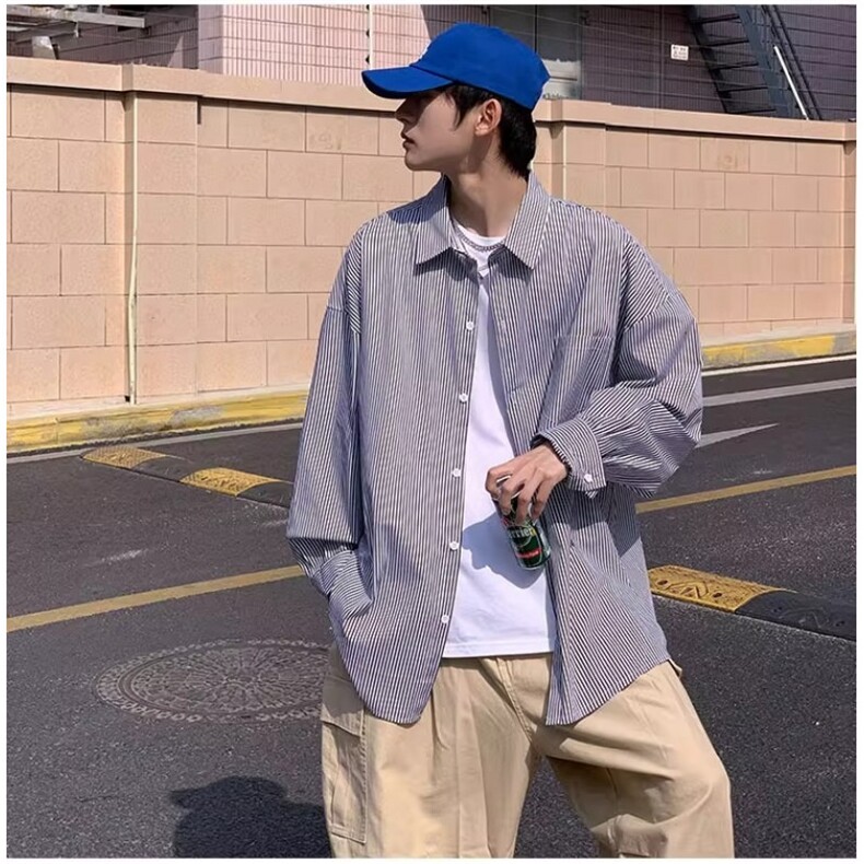 日系小清新条纹长袖衬衫男女款港味ins潮流宽松情侣竖条长袖衬衫,男装衬衫,星座506A