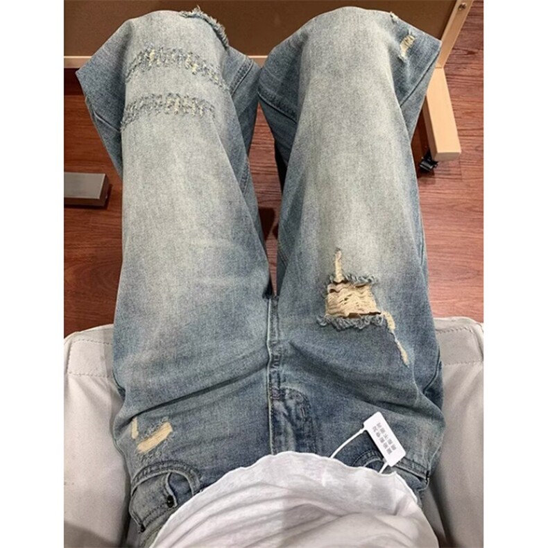WE1744-P45美式复古水洗破洞牛仔裤男宽松直筒,男装牛仔裤,电商B323A