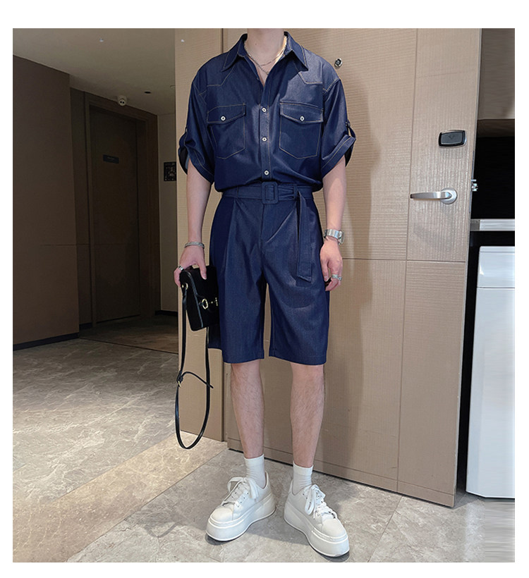 夏季垂感抗皱天丝牛仔短袖衬衫套装高级衬衣短裤两件套TZ261-P135,男装牛仔裤,电商B267