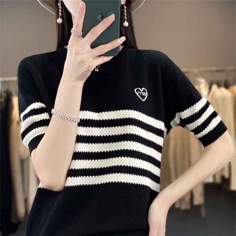 100%纯棉线条纹短袖t恤女撞色拼接夏季全棉麻复古半袖针织衫上衣,针织衫/毛衣,斯美雅电商供货