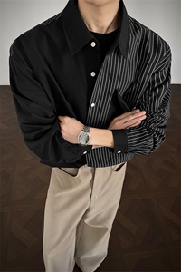 春秋新款韩系拼接条纹衬衫男宽松休闲长袖衬衫打底潮流衬衫特P45图片