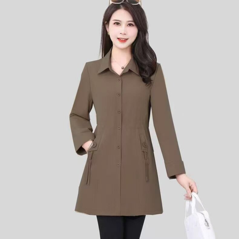 2025新款春季女装时尚妈妈装翻领长袖宽松休闲中长风衣外套女减龄,女装风衣,娇莉