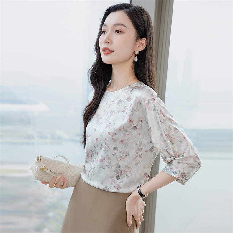 真丝衬衫女2026新款圆领复古文艺五分袖上衣女高级感宽松显瘦,女装衬衫,阿舍尔精品