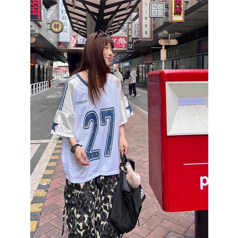 美式复古网眼休闲运动球衣假两件V领卫衣男秋季情侣上衣，男装卫衣，星座506A