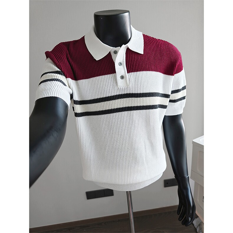 盗图老钱风条纹拼接冰丝高弹力针织短袖POLO衫H91030/P58控88，男装T恤，电商A243