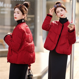 新中式提花真水貂毛红色短款羽绒服女2025年冬季新款外套90白鸭绒图片
