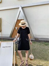 珍珠边压花连衣裙，女装连衣裙，斐媞梦