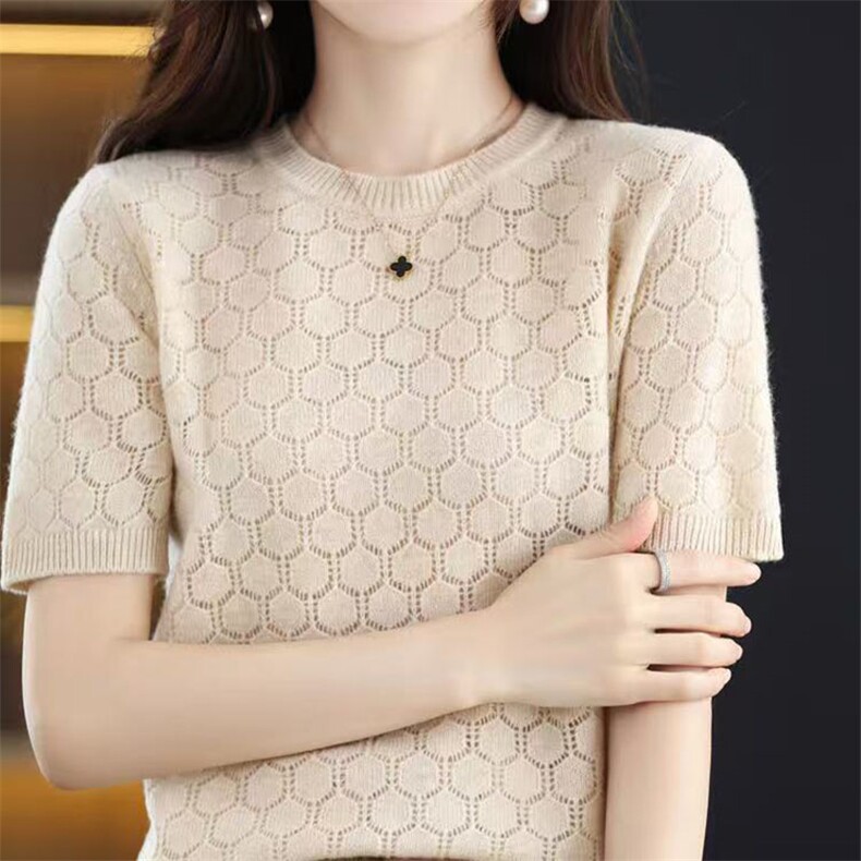 气质感短袖T恤女夏季遮肚子显瘦圆领镂空薄款宽松大码冰丝针织衫，女装T恤，萱芳婷羊绒