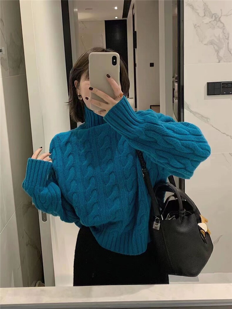 秋季新款舒适显瘦时尚百搭高领廓形麻花针织衫,女装羊毛衫,恒恩羊绒