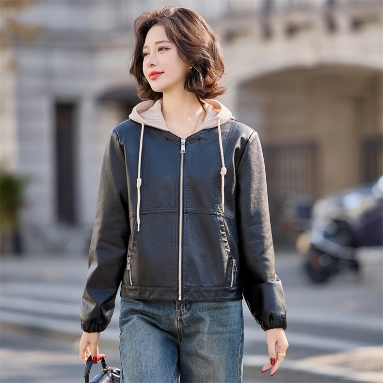 可脱卸帽子休闲皮衣外套大量现货2025春季女装新款女士皮衣HZ0602,女装皮衣,缘衣格
