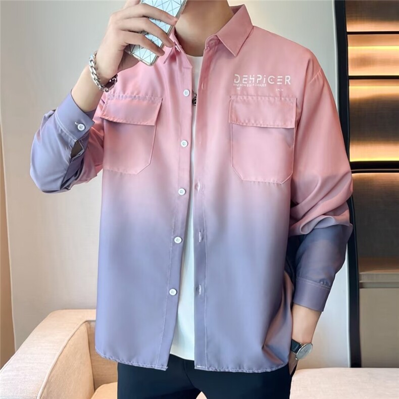 渐变色长袖衬衫男春夏秋季薄款休闲上衣港风帅气潮牌衬衣638/P35,男装衬衫,星座506