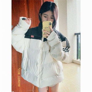 美式高街条纹拼接立领羽绒棉服女冬季oversize小个子学生棉衣外套图片