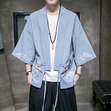 F861P55室内风潮流时尚亚麻宽松开衫风加大码休闲汉服，男装T恤，电商A026