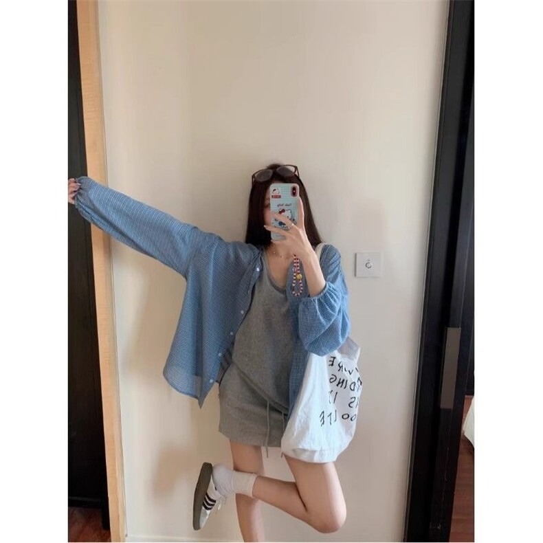 夏季新款慵懒防晒韩系蓝色格子衬衫百搭衬衣外套显瘦宽松上衣2025,男装防晒衣,星座506A