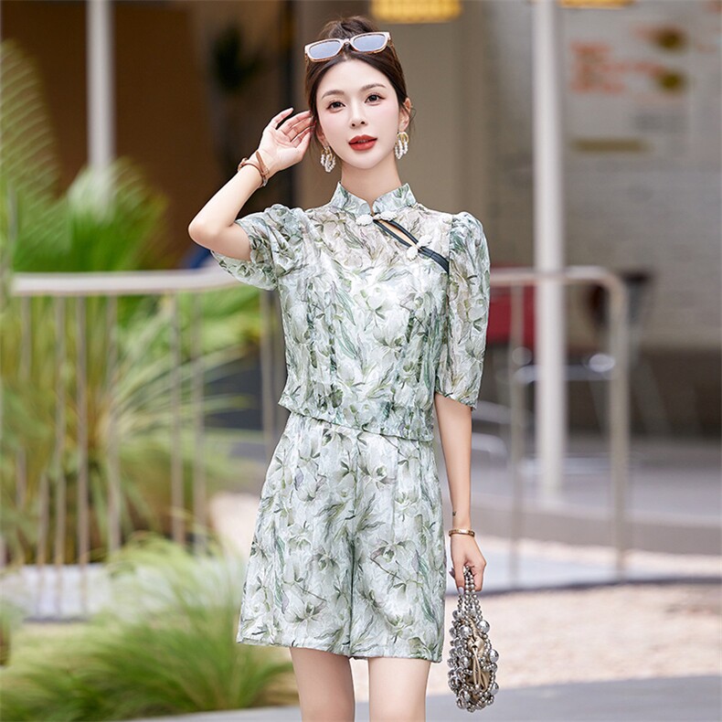 2024夏装新款新中式优雅时尚清爽短裤套装两件套,女装套装/套裙,妙形