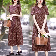 2025夏季新款优雅印花显瘦连衣裙舒适百搭气质长裙，女装连衣裙，倪叶myz