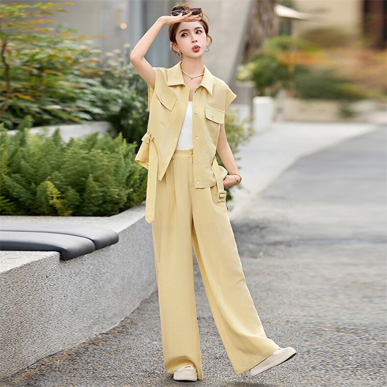 黄色绝美休闲套装裤女2025夏季新款系带收腰衬衫工装阔腿裤两件套,女装套装/套裙,众宇琦