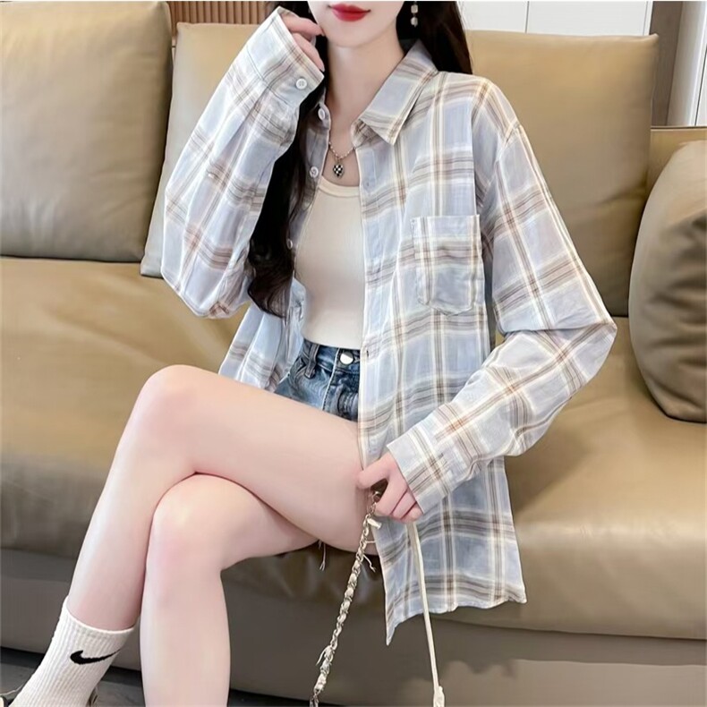 美式浅蓝色防晒格子衬衫外套女夏季小个子薄款衬衣女款开衫上衣,男装防晒衣,星座1210-1