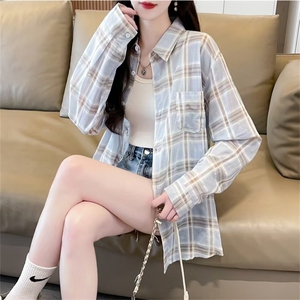 美式浅蓝色防晒格子衬衫外套女夏季小个子薄款衬衣女款开衫上衣图片