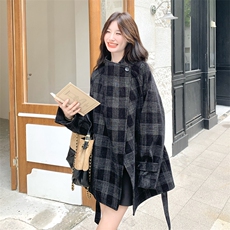 灰色复古格纹设计感风衣外套女2025秋新款韩系小个子收腰显瘦大衣，女装短外套，2C305
