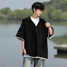 8XL-M假两件短袖卫衣连帽t恤男夏季薄款宽松大码学生半袖DT007P48，男装T恤，电商B312