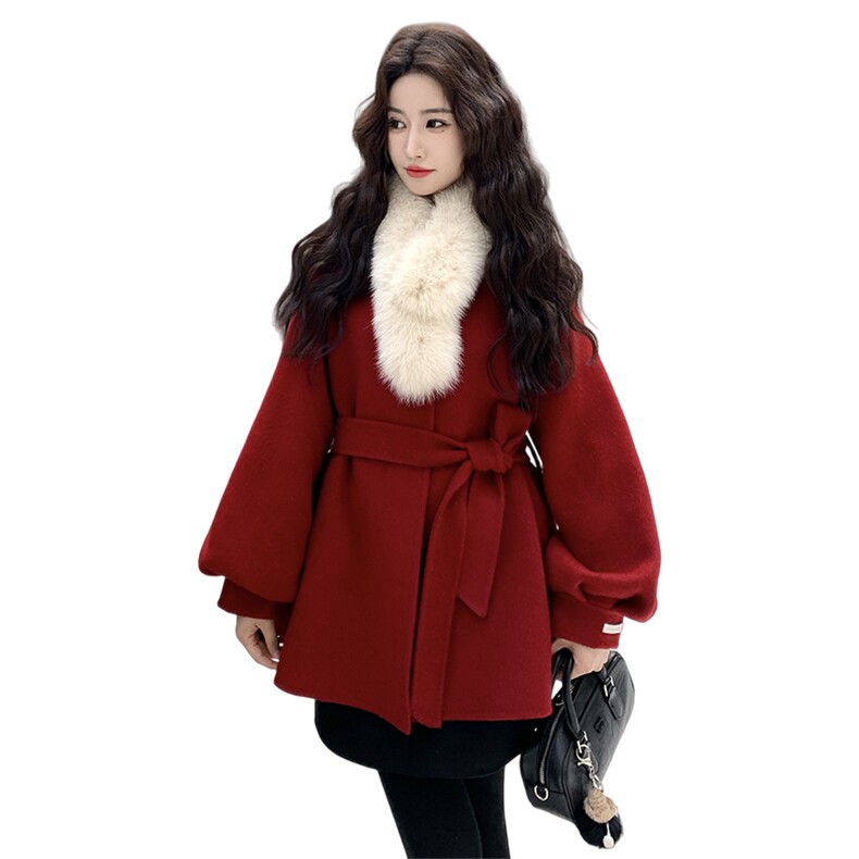 韩版灯笼袖双面羊毛大衣外套女（真狐狸毛领）2C325-5656P325K478,女装毛呢外套,2C325