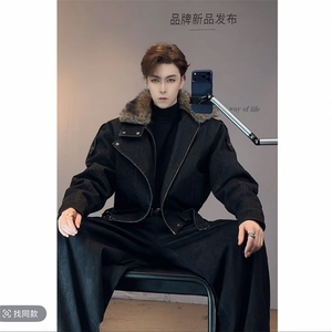 抖音冬季潮流美式复古水洗毛领牛仔棉服外套M222-P165 网图图片