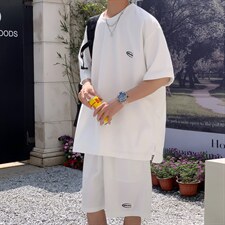 TZ65556/P40华夫格夏季宽松贴标套装男T恤短裤两件套大码港风控78，男装休闲套装，电商A141