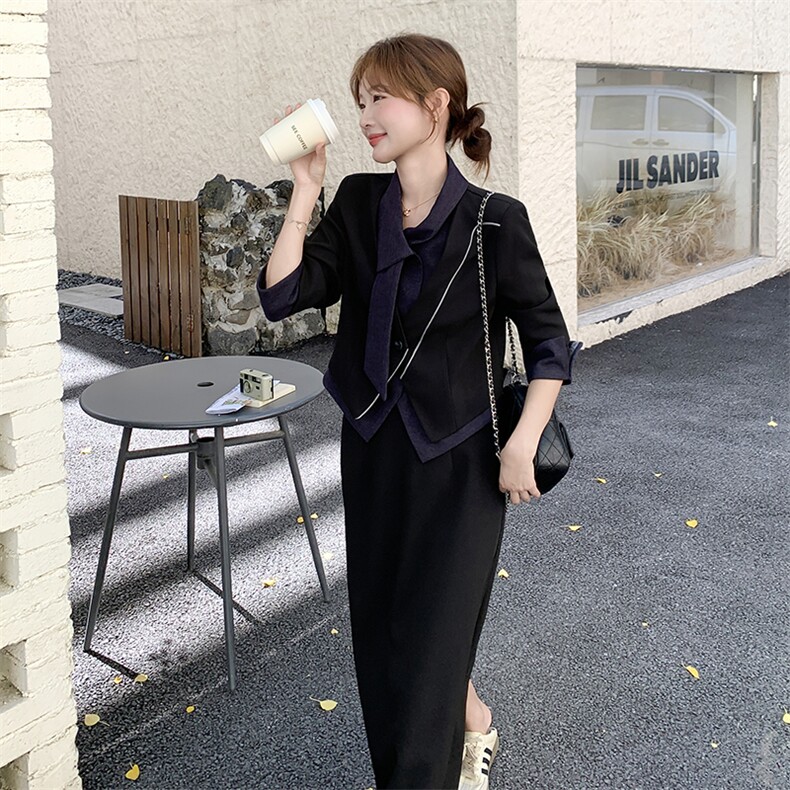 高级感通勤西装套装女2025秋季新款韩系牛仔拼接西服半身裙两件套,女装套装/套裙,2C255
