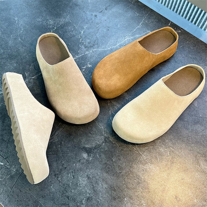 新款真皮休闲单鞋女2024秋冬复古风懒人一脚蹬女鞋百搭厚底拖鞋，女鞋拖鞋，电商A223