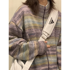 彩虹条纹拉链毛衣开衫男款秋冬季美式复古撞色渐变立领针织衫外套，男装针织衫/毛衣，星座908-1