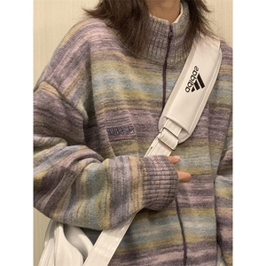彩虹条纹拉链毛衣开衫男款秋冬季美式复古撞色渐变立领针织衫外套图片