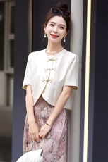新中式国风短款外套女2024夏季新款气质百搭配裙子盘扣小西装上衣，女装短外套，芭米依尚