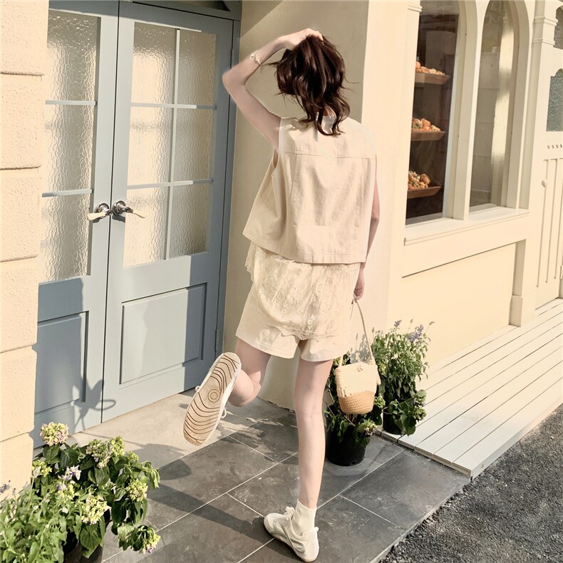 杏色休闲v领马甲短裤套装女2025夏季新款韩系气质小个子两件套潮,女装套装/套裙,2C050