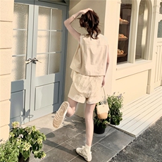 杏色休闲v领马甲短裤套装女2025夏季新款韩系气质小个子两件套潮，女装套装/套裙，2C050