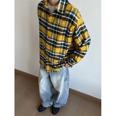 刺绣格子长袖衬衫日系港风ins宽松衬衣男生百搭休闲外套CSC71，男装衬衫，星座516A