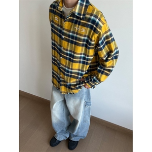刺绣格子长袖衬衫日系港风ins宽松衬衣男生百搭休闲外套CSC71图片