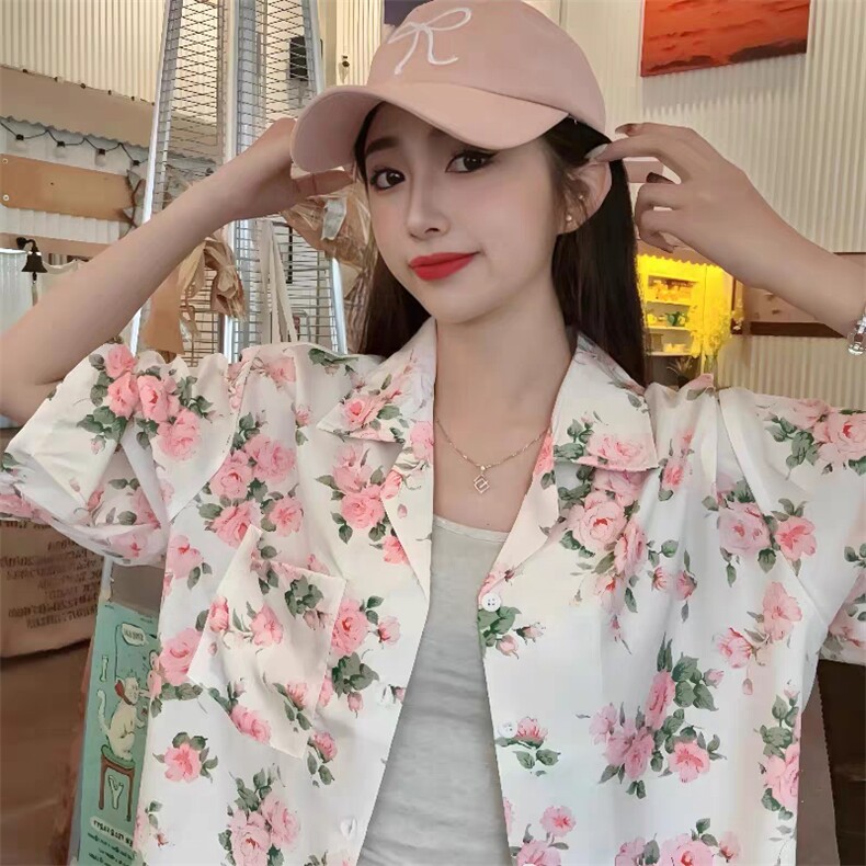 复古港风短袖花衬衫女夏威夷沙滩巴古领衬衣海边度假宽松休闲上衣图片