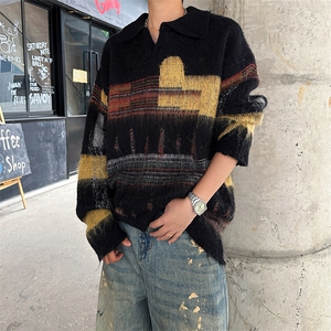 撞色复古翻领毛衣男女休闲慵懒风情侣款秋冬针织衫MY09576-P60图片