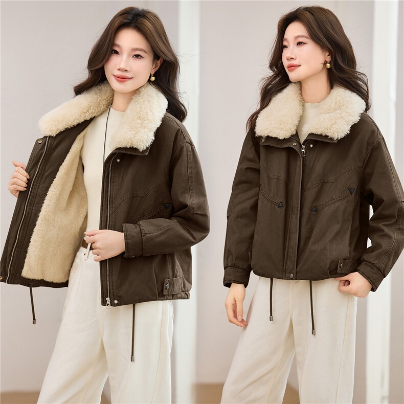 现货2025冬季新款休闲时尚无帽毛领女士加绒加棉保暖派克服，女装棉衣/棉服，木子恋