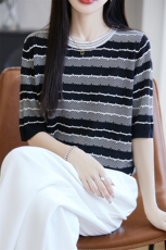拼色圆领莱赛尔天丝针织五分袖上衣女薄款短袖T恤宽松半袖打底衫，女装针织衫/毛衣，唐诺