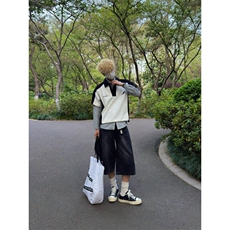 网图美式复古拼接短袖T恤男半拉链夏季宽松情侣polo衫-PL52-特P30，男装Polo衫，星座1007（原301D）