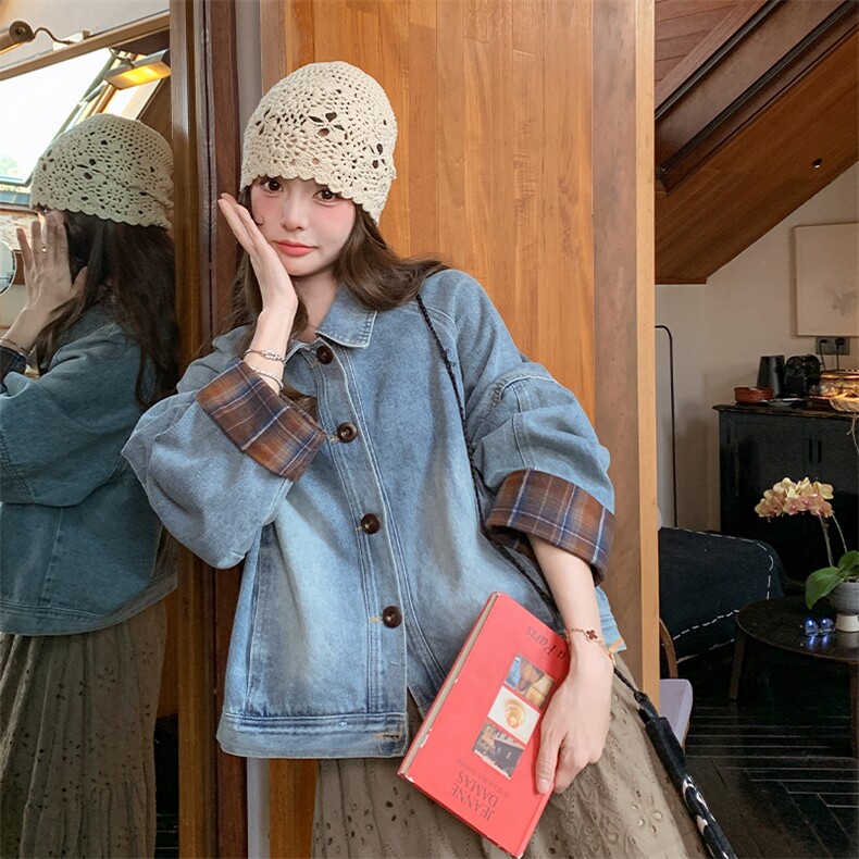 【现货】格纹袖口拼接短款牛仔外套--W511P145K198,女装短外套,2C209