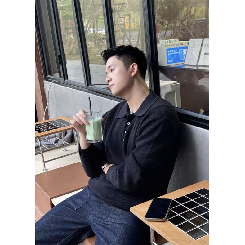 轻熟风简约宽松复古翻领纯色针织毛衣外套纹理感上衣PL138/P75,男装针织衫/毛衣,电商A243