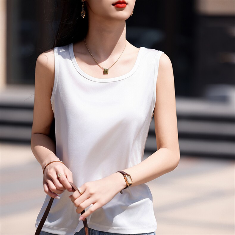 2022真丝吊带背心女宽松圆领桑蚕丝短款外穿大码无袖内搭打底上衣，女装背心吊带，伊绒腾羊绒