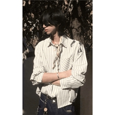 美式潮牌高街复古泡泡纱竖条纹日系肌理长袖衬衫男女休闲宽松衬衣，男装衬衫，电商A443