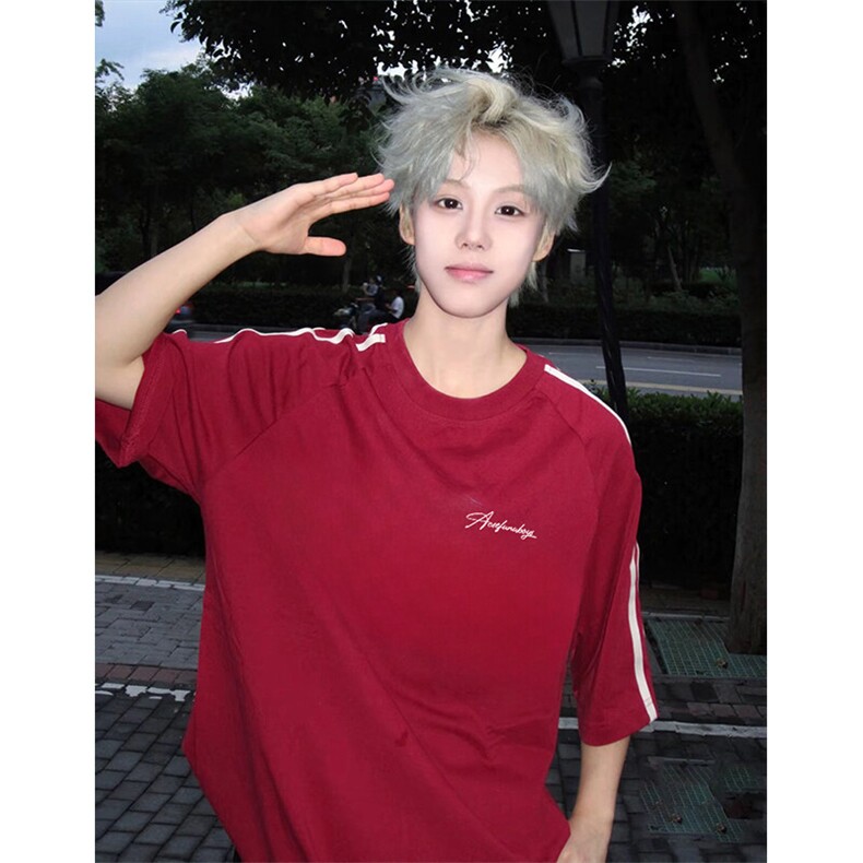 抖音得物高品质二开240克宽松纯棉美式潮牌三条杠织带短袖T恤，男装T恤，电商A486