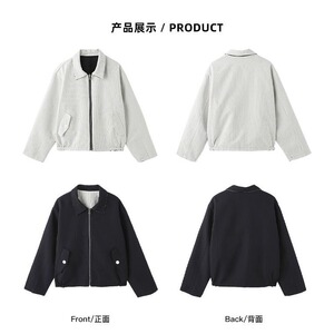 复古高街褶皱翻领运动夹克男女春秋宽松休闲百搭设计感肌理感外套图片