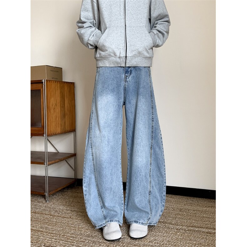 港风秋款男女牛仔裤拼接渐变色弯刀阔腿拼接直筒长裤NA1P50，男装牛仔裤，星座1013-1